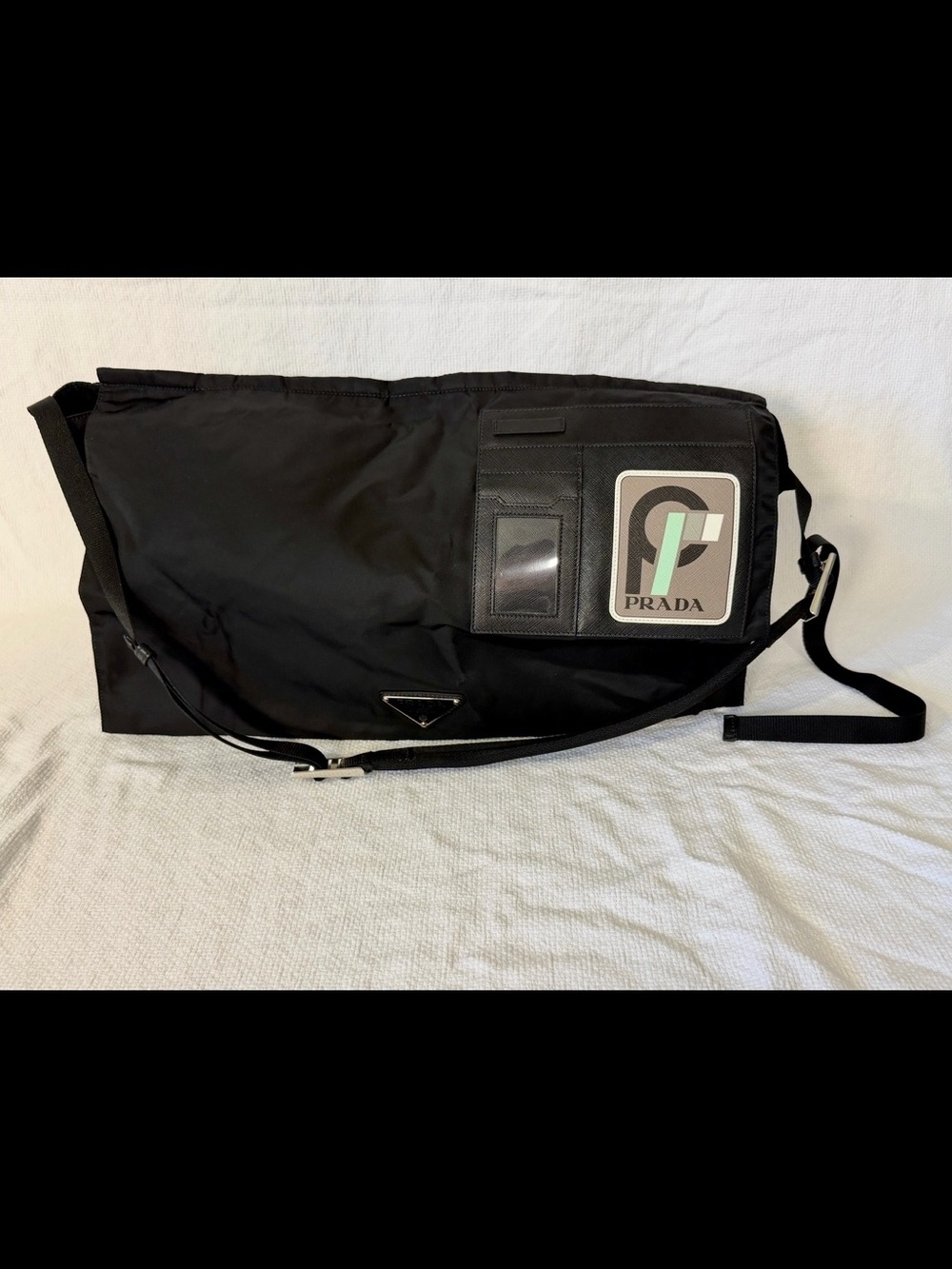 Prada Black Nylon Messenger Bag with Logo Patch and ID Slots